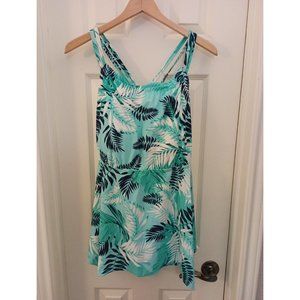 NWT Women Kona Sol Tropical Print Blue & White Swimsuit Dress Built In Bra 24W